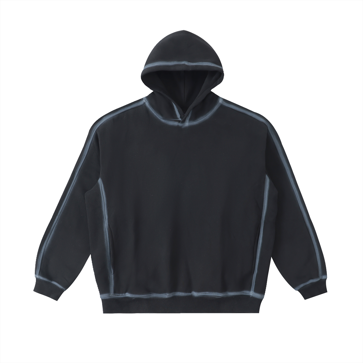 Flat lay of the Future-Homme Fleece Please Hoodie in black with white chalk trim front side on a white background 
