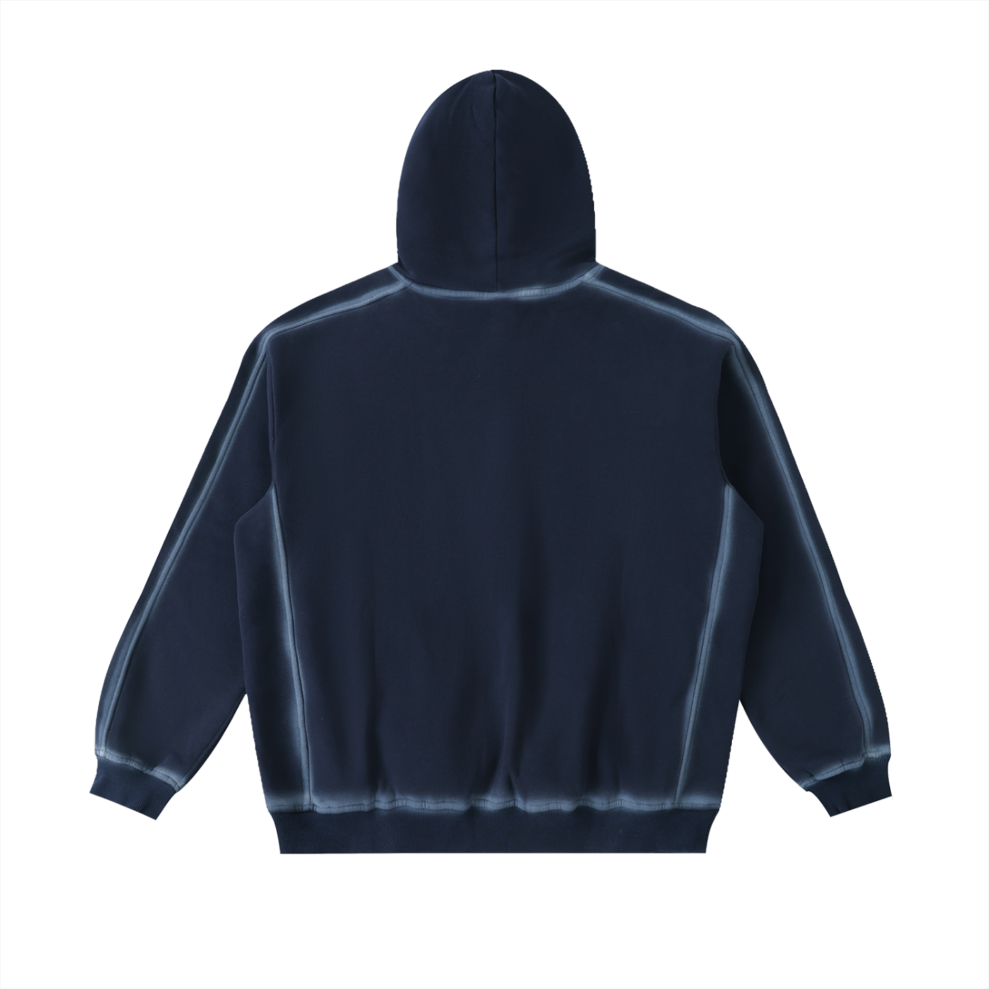Flat lay of the Future-Homme Fleece Please Hoodie in blue with white chalk trim back side on a white background 