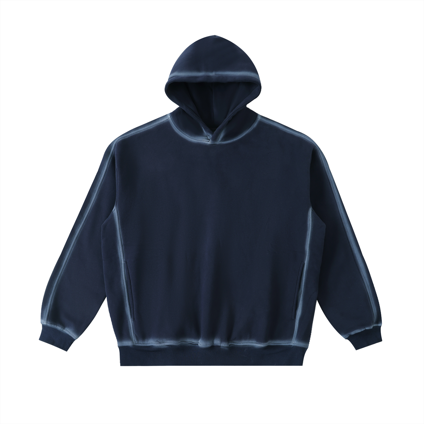Flat lay of the Future-Homme Fleece Please Hoodie in blue with white chalk trim front side on a white background 