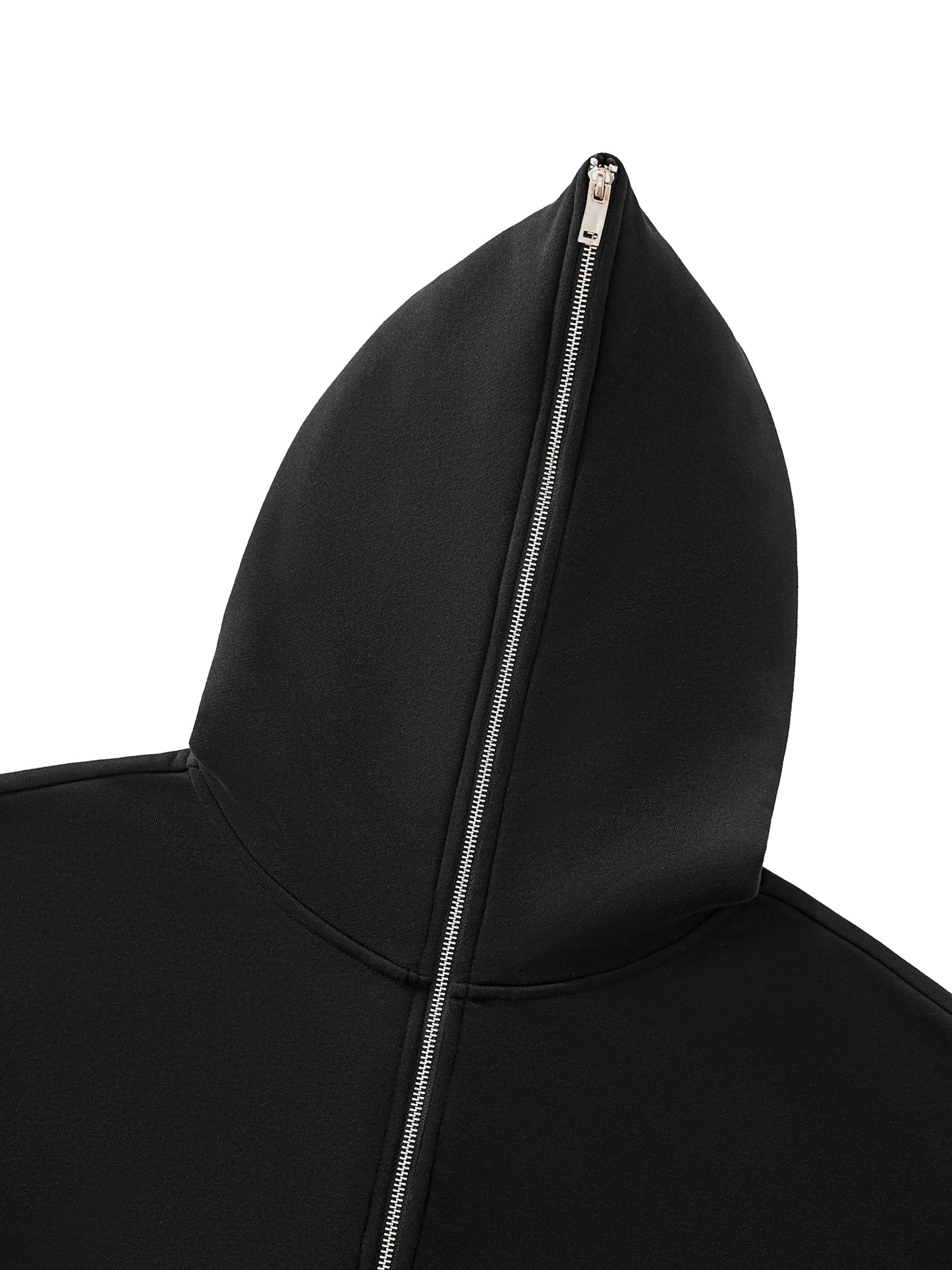 A Future-Homme Fleece Please Black hooded garment with a zipper on a white background.