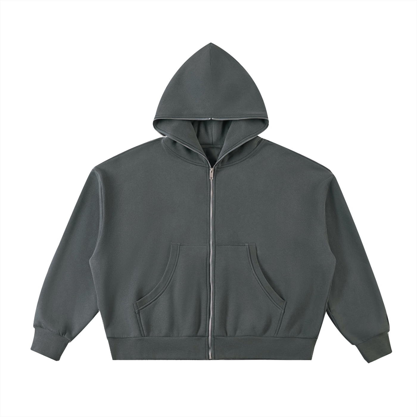 Future-Homme Fleece Please Full Zip Hoodie flat lay charcoal gray frontside on a white background. 