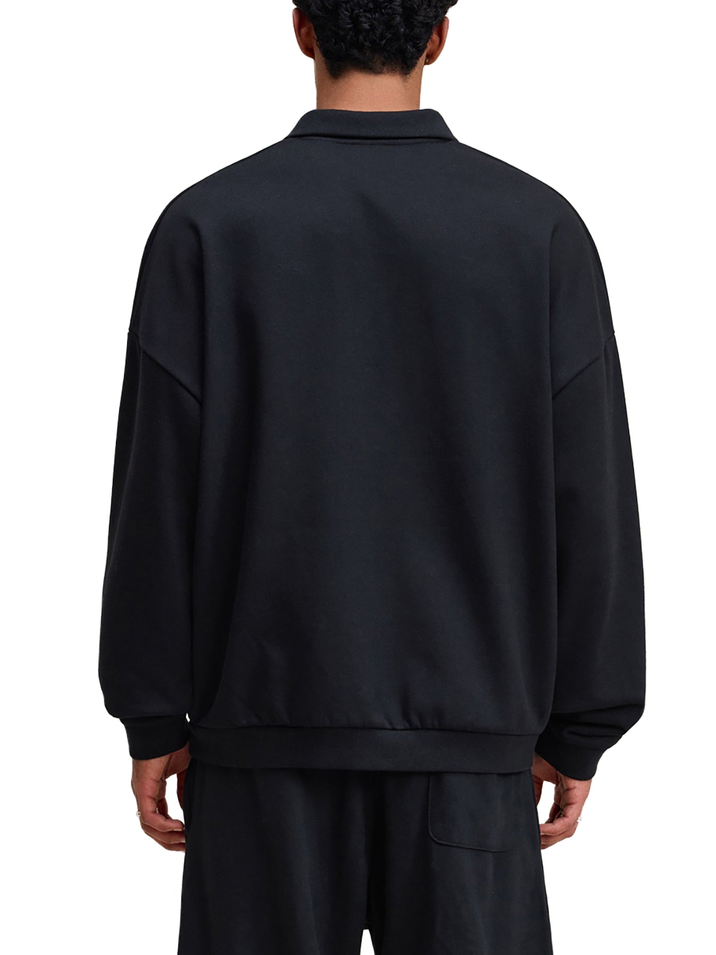 A Future-Homme model wearing a Fleece Please Heavyweight Polo Sweatshirt in  black outfit backside on a white background