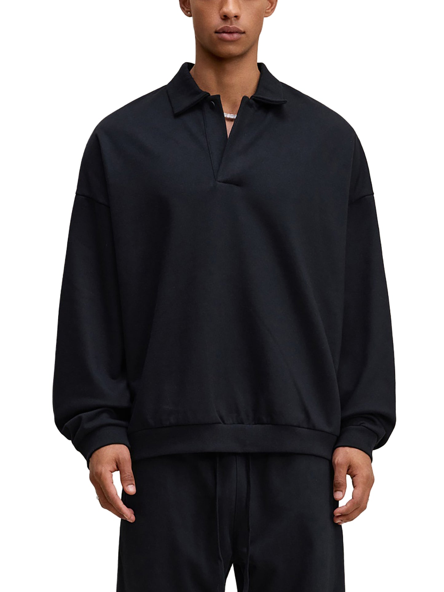 A Future-Homme model wearing a Fleece Please Heavyweight Polo Sweatshirt in  black outfit on a white background