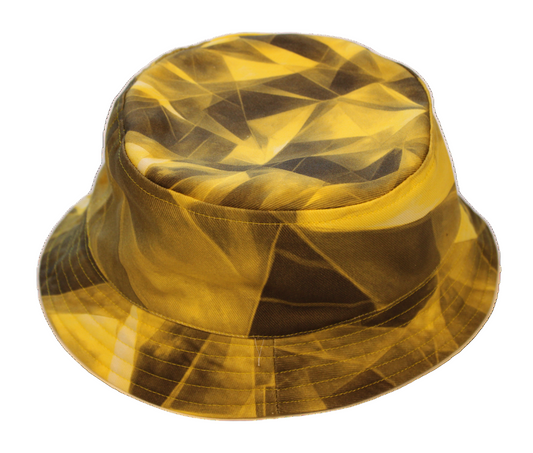 Flat lay of the yellow Future-Homme bucket hat on a white background. 