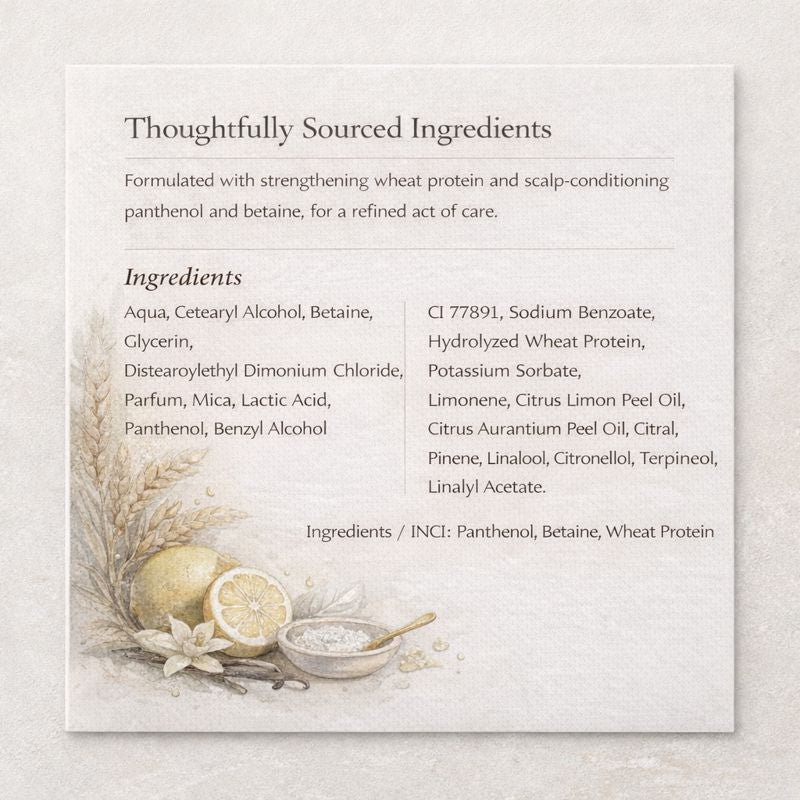 Product label with ingredients list on a light background
