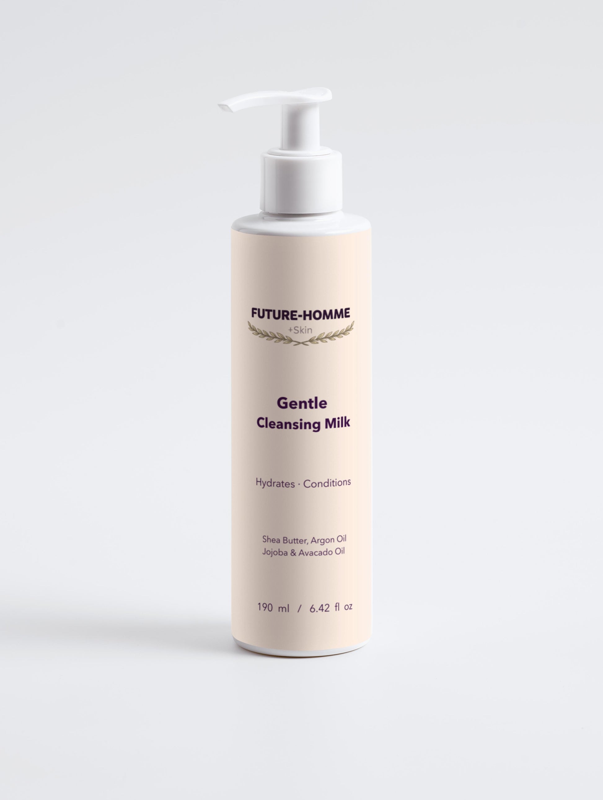Bottle of Future-Homme Gentle Cleansing Milk on a white background