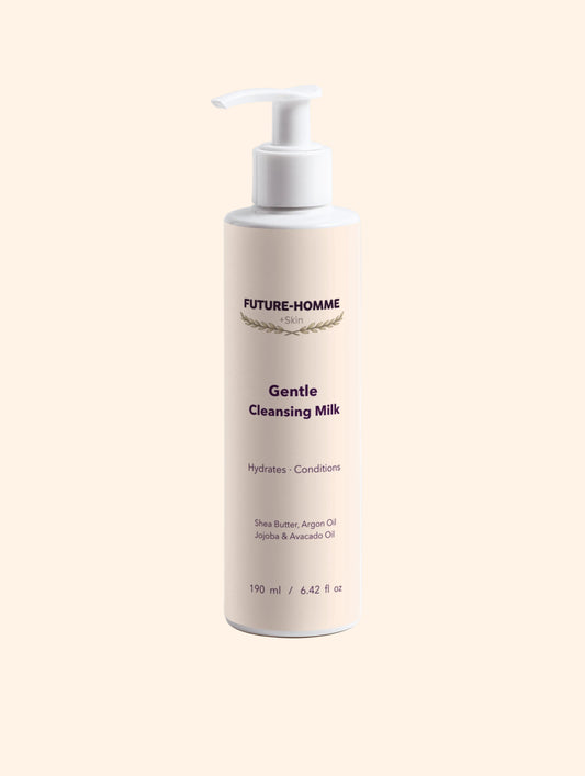 Bottle of Future-Homme Gentle Cleansing Milk on a white background
