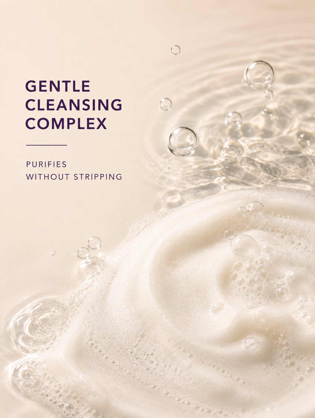 Gentle Cleansing Complex with bubbles and text on a beige background