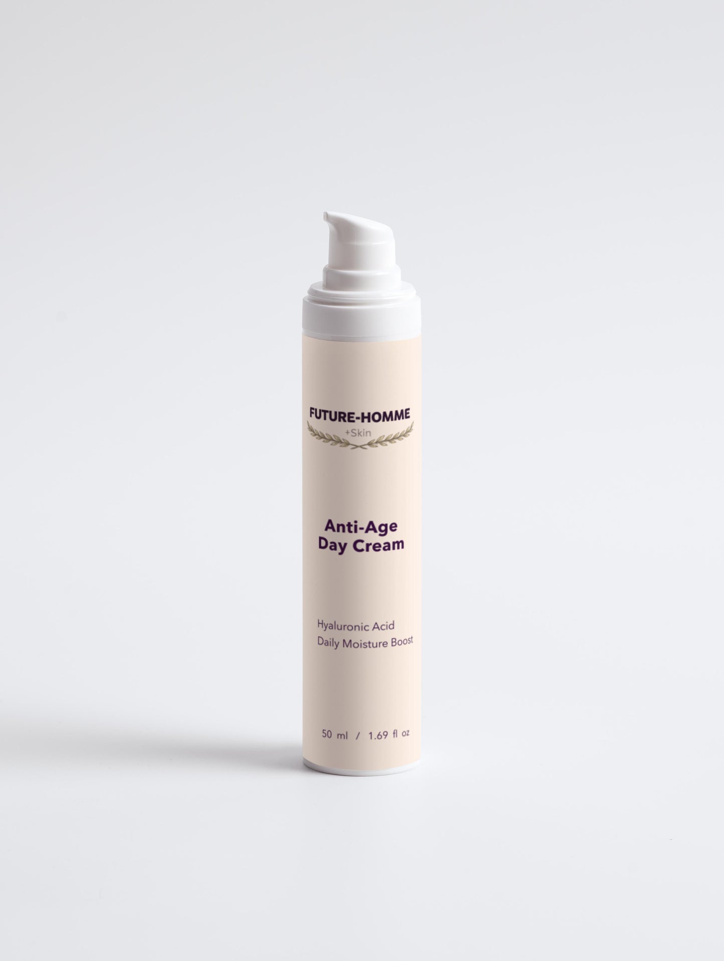 Cream bottle labeled 'Anti-Age Day Cream' by 'FUTURE-HOMME' on a white background