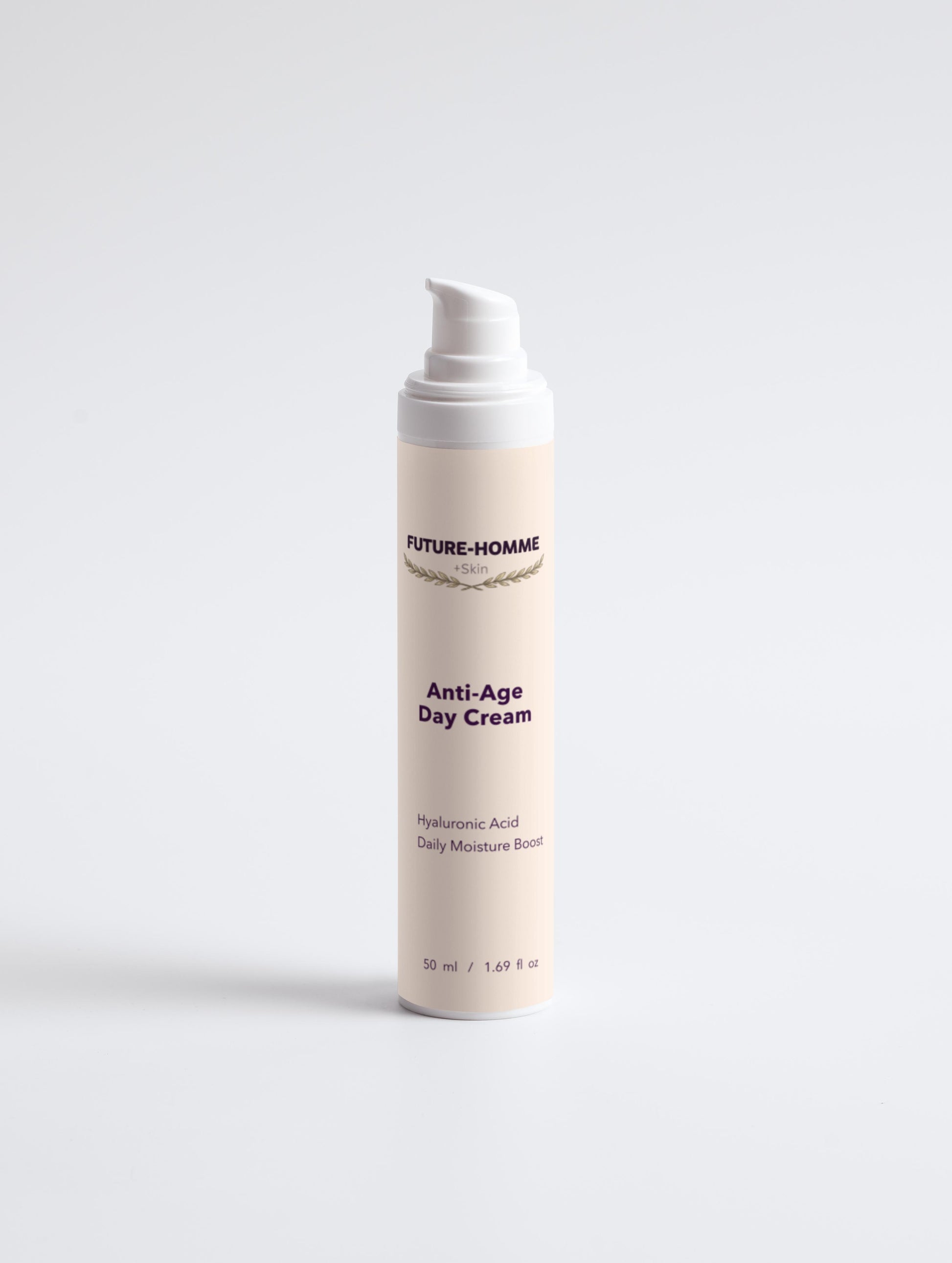 Cream bottle labeled 'Anti-Age Day Cream' by 'FUTURE-HOMME' on a white background