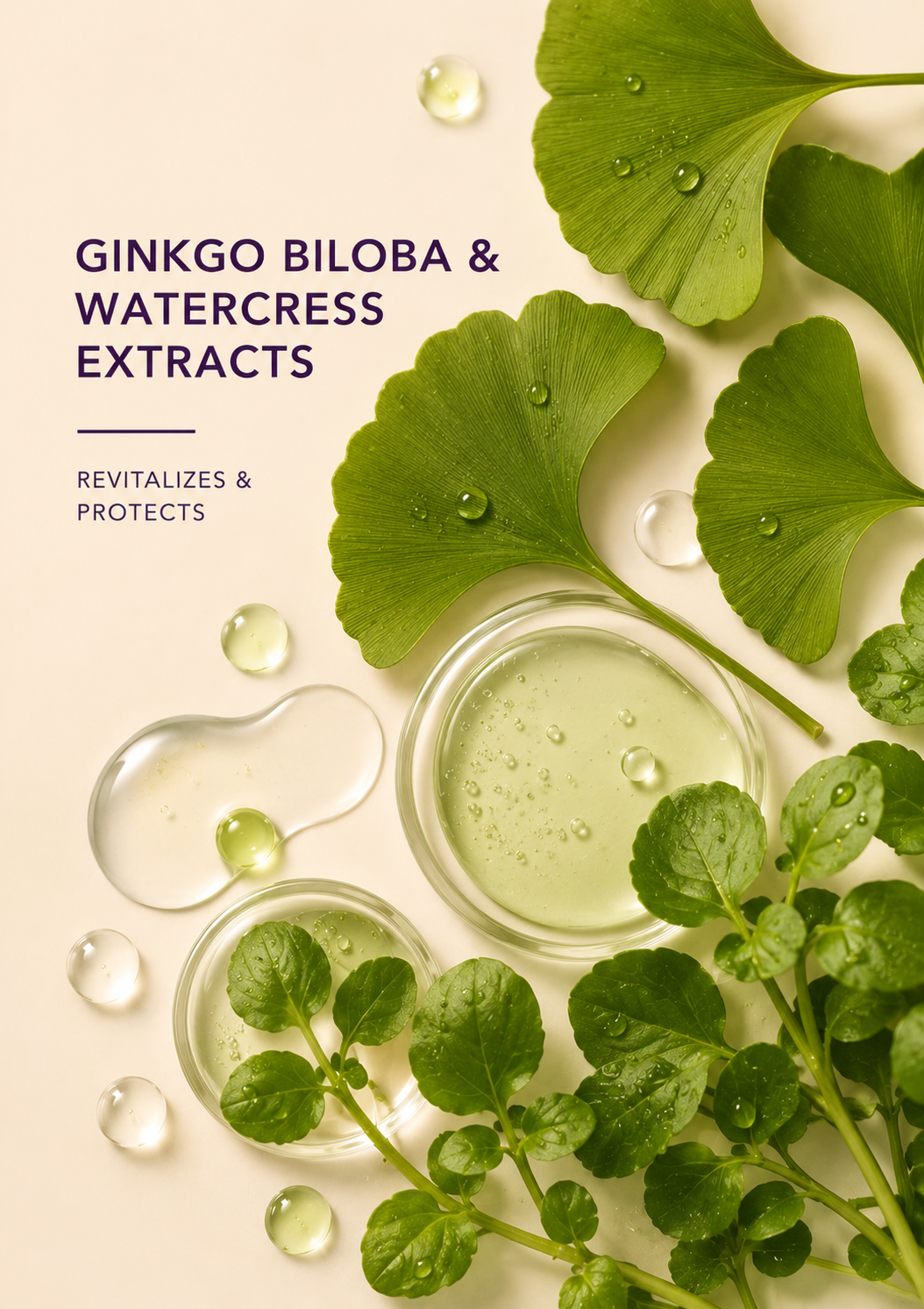 Ginkgo Biloba and Watercress Extracts with green leaves and droplets on a light background