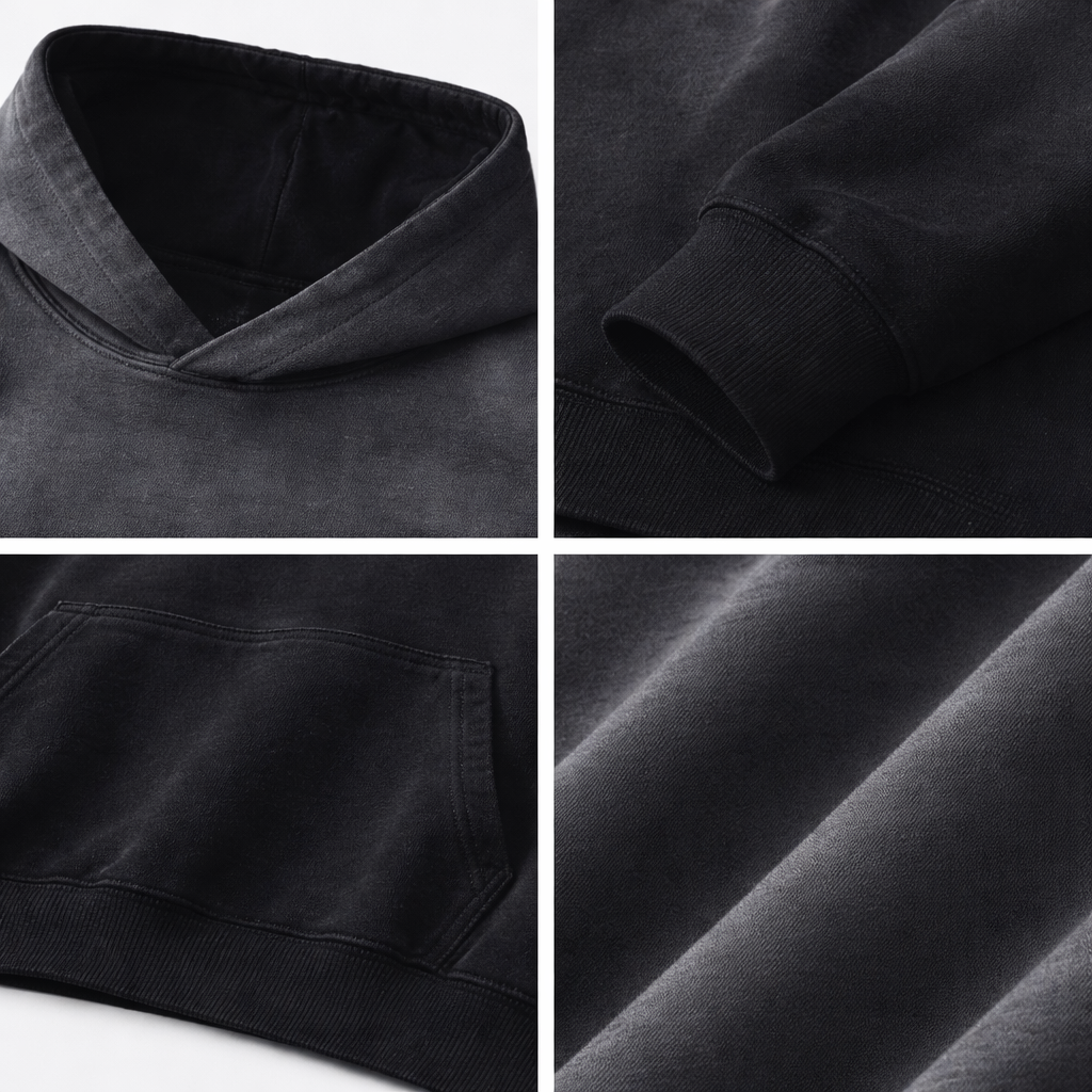 Close-up details of a black hoodie including the hood, sleeve, pocket, and fabric texture.
