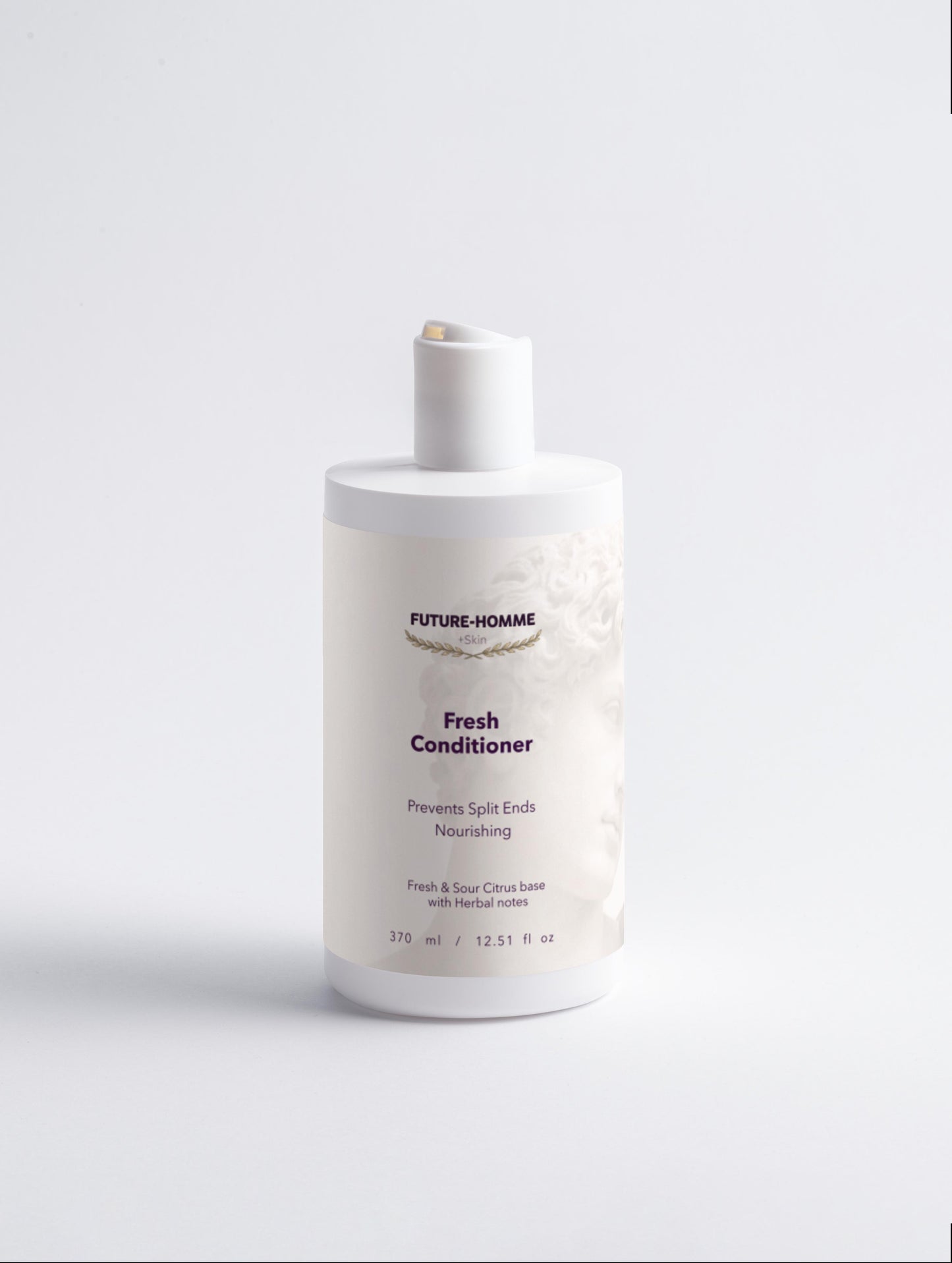 White bottle of 'Future-Homme' Fresh Conditioner on a light gray background