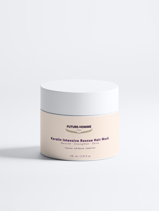 Jar of Keratin Intensive Rescue Hair Mask by Future-Homme on a white background