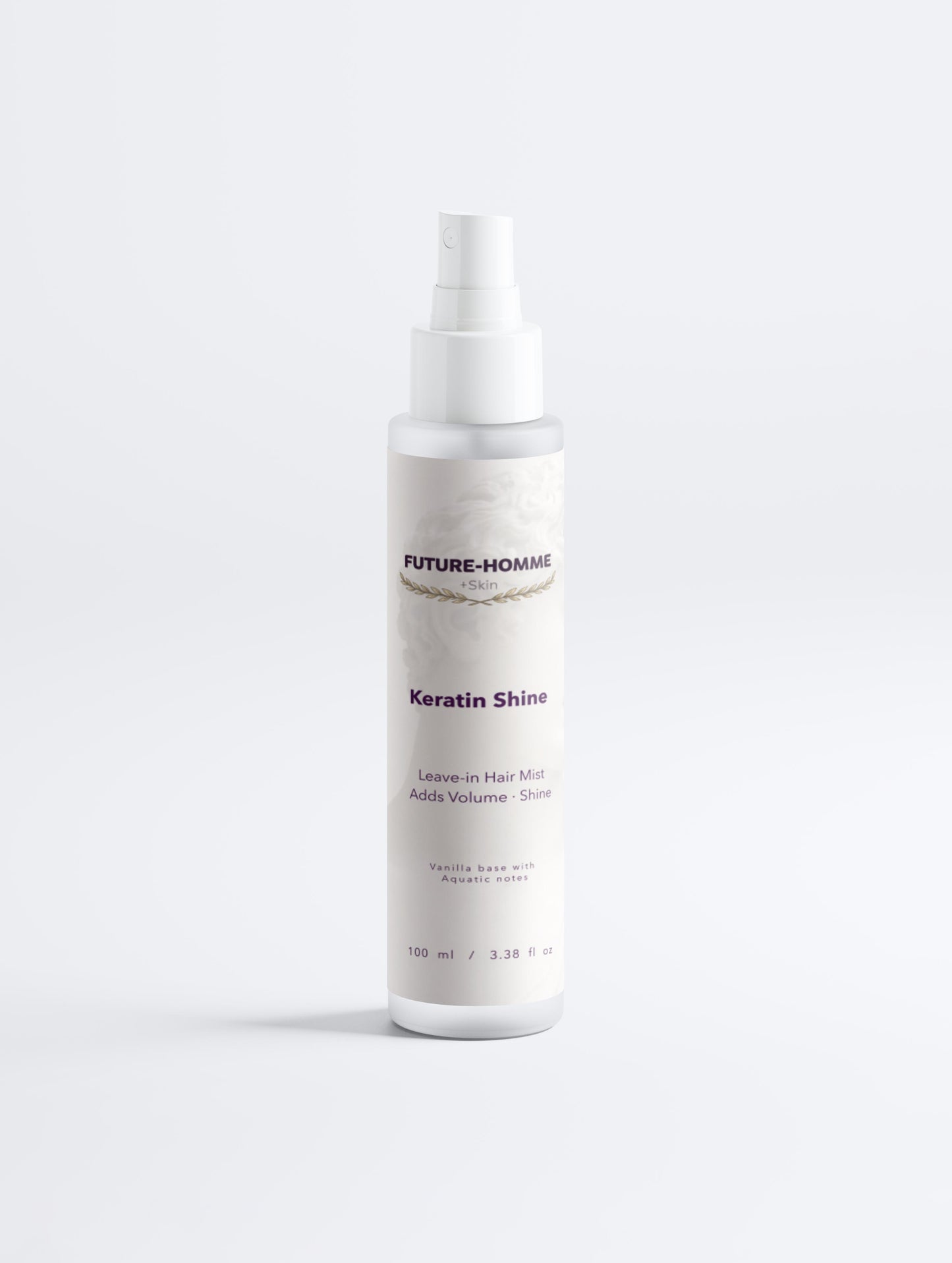 White bottle of Future Homme Keratin Shine product on a white background