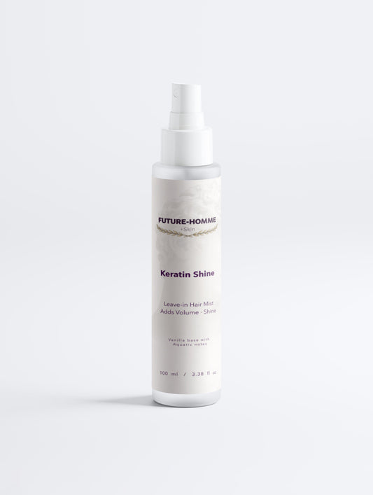 White bottle of Future Homme Keratin Shine product on a white background
