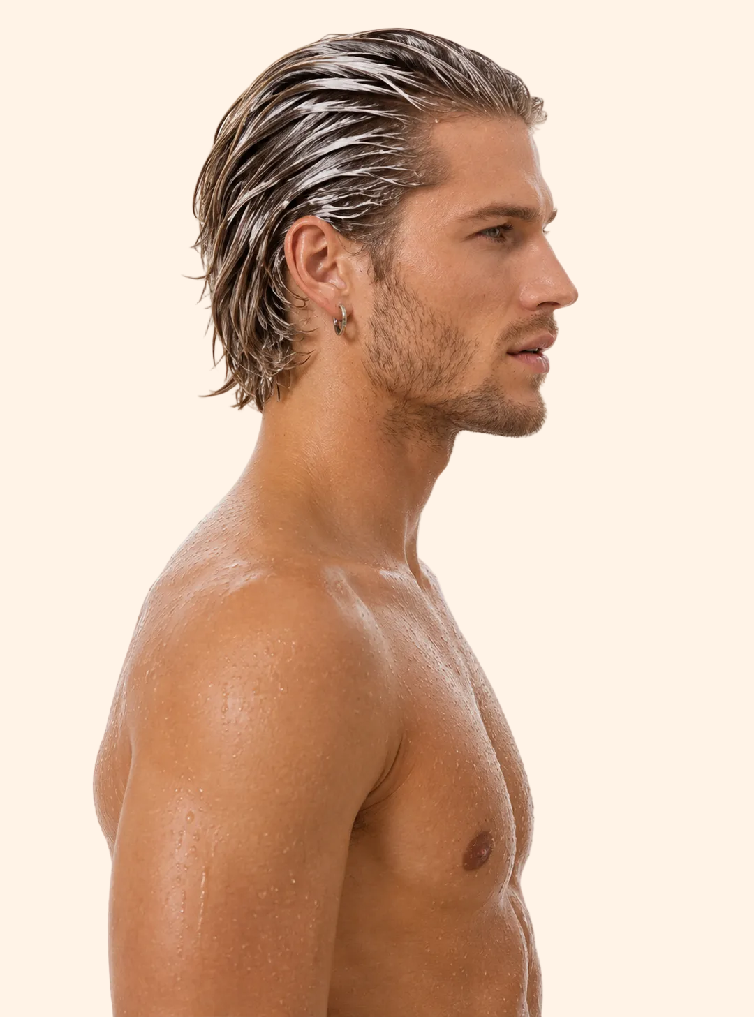 Man with wet hair and skin on a white background