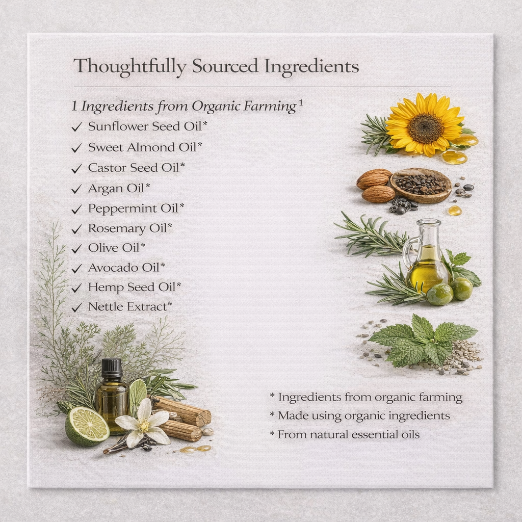 List of ingredients from organic farming with corresponding images on a light gray background