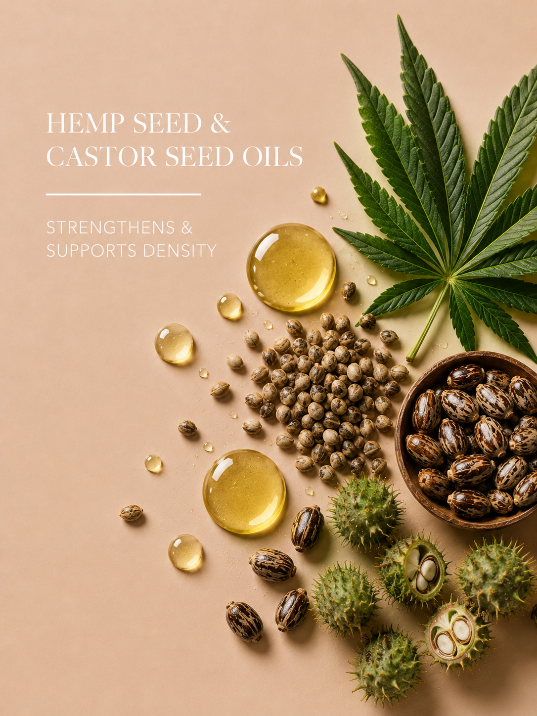 Hemp seeds, castor seeds, and oil droplets on a beige background with text about oils.