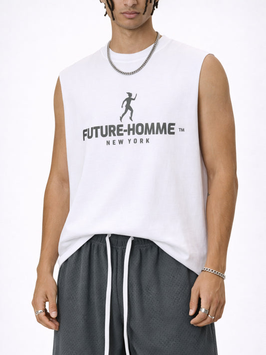 Person wearing a white sleeveless shirt with 'Future-Homme New York' logo and gray pants.