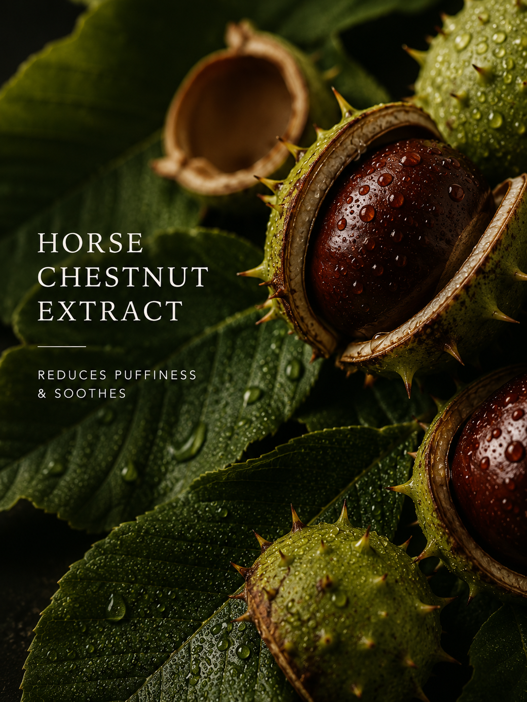Horse chestnut extract with leaves and seeds on a dark background