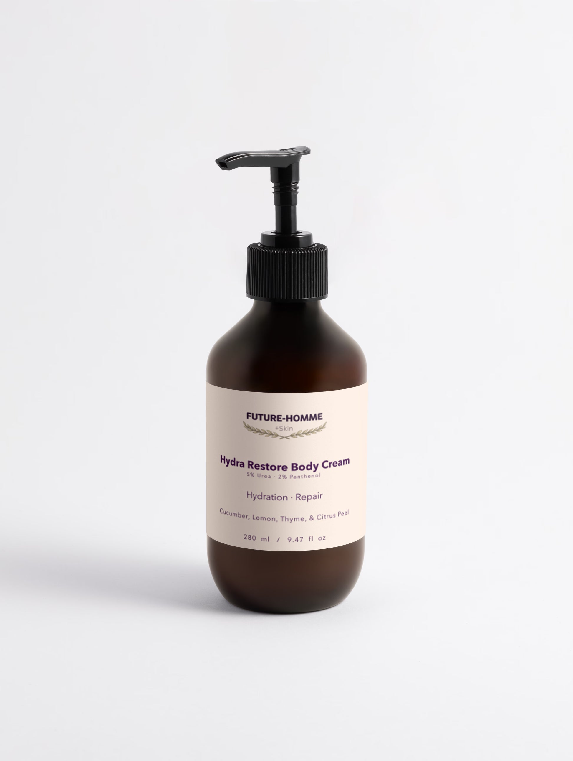 Bottle of Future-Homme Hydra Restore Body Cream on a white background