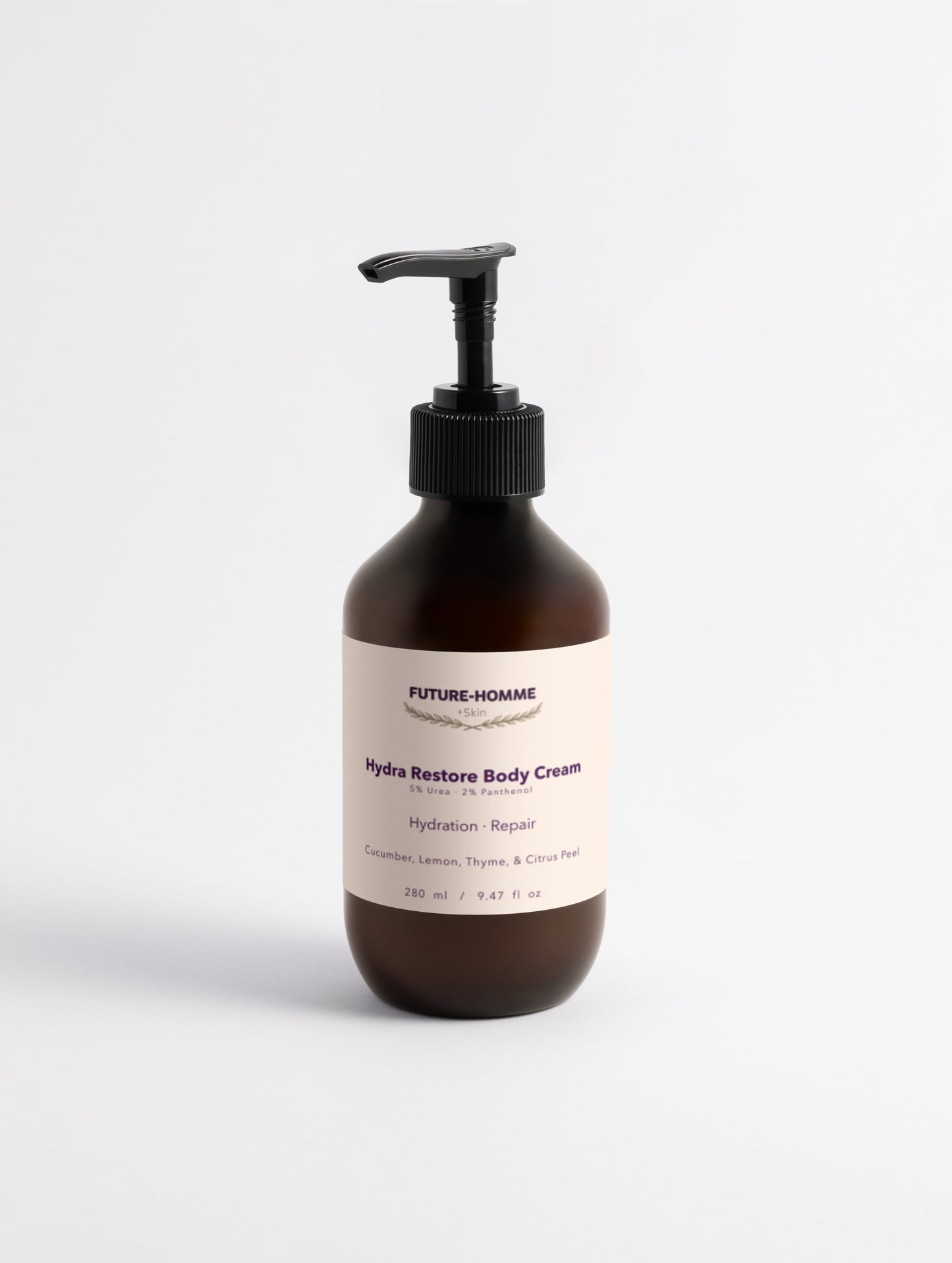Bottle of Future-Homme Hydra Restore Body Cream on a white background