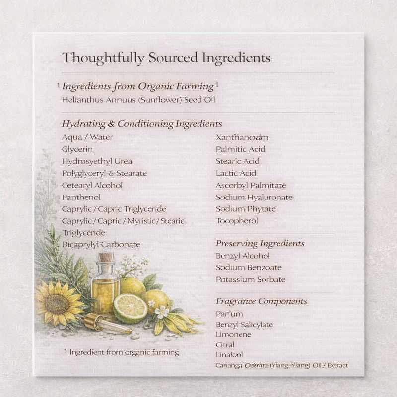List of ingredients with botanical illustrations on a textured background