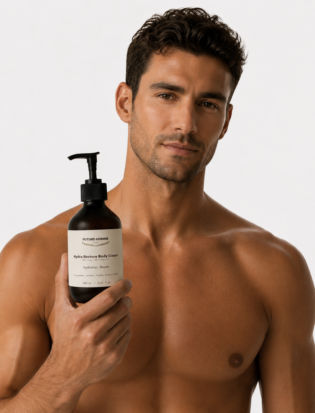 Man holding a bottle of body cream against a plain background
