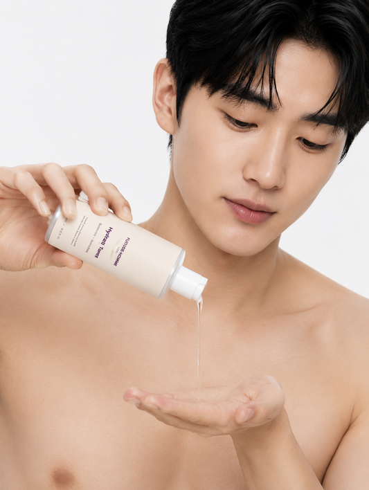 Man applying a skincare product to his hand against a white background