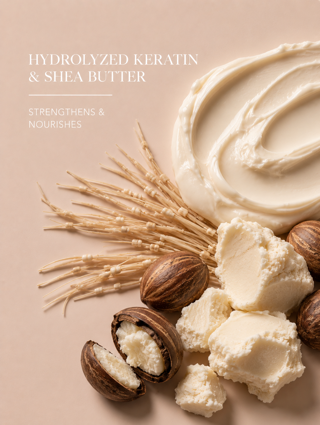 Shea butter and hydrolyzed keratin with a beige background