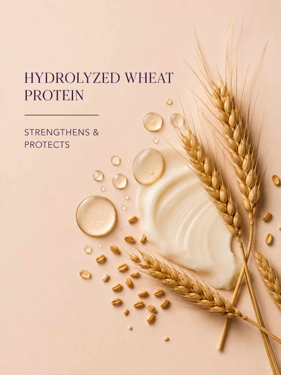 Hydrolyzed wheat protein with wheat stalks and seeds on a beige background