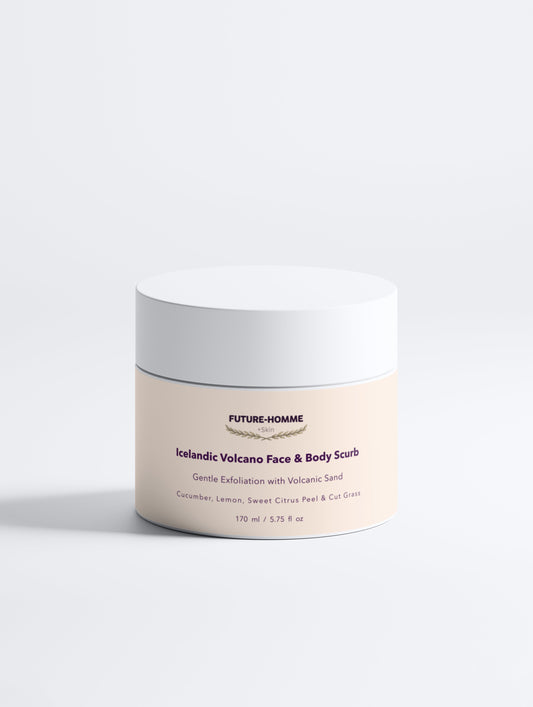 Jar of Future-Homme Icelandic Volcano Face & Body Scrub on a white background