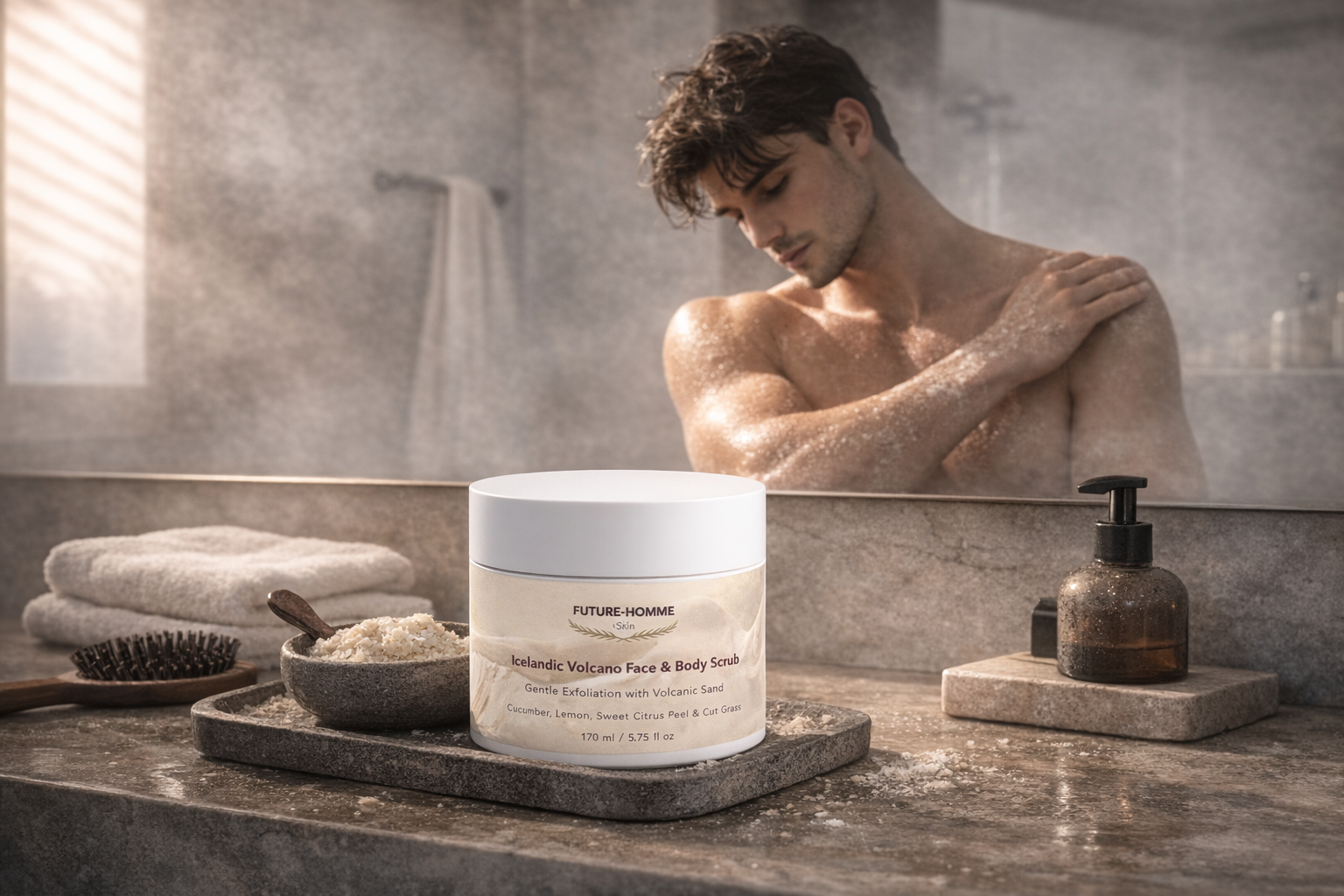 Man in a bathroom with a jar of Future Human skincare product on a counter.