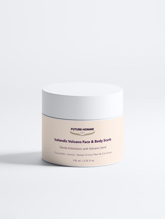 Jar of Future-Homme Icelandic Volcano Face & Body Scrub on a white background