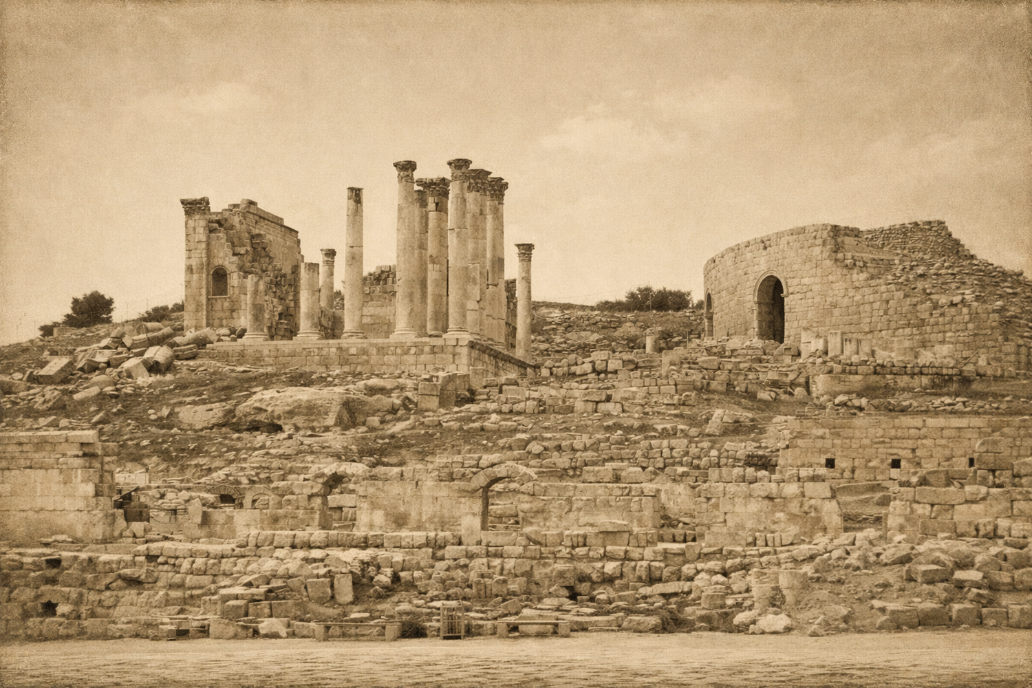 Ancient ruins with columns and walls on a hillside