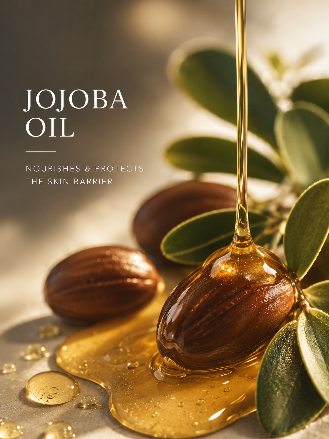 Jojoba oil dropper with jojoba seeds and leaves on a neutral background