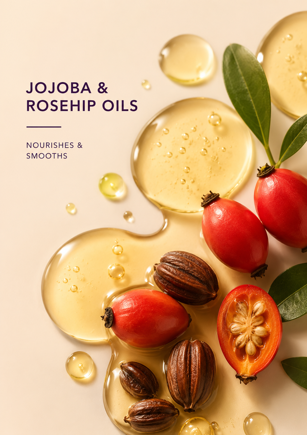Jojoba and rosehip oils with seeds and leaves on a beige background