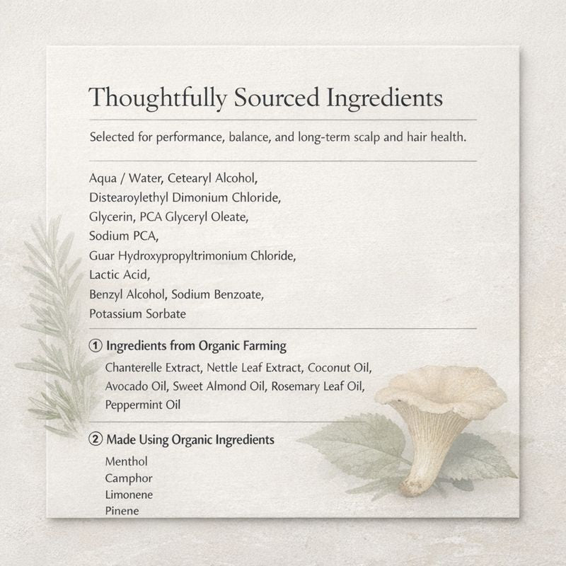 Product label with ingredient list and organic farming information on a light background