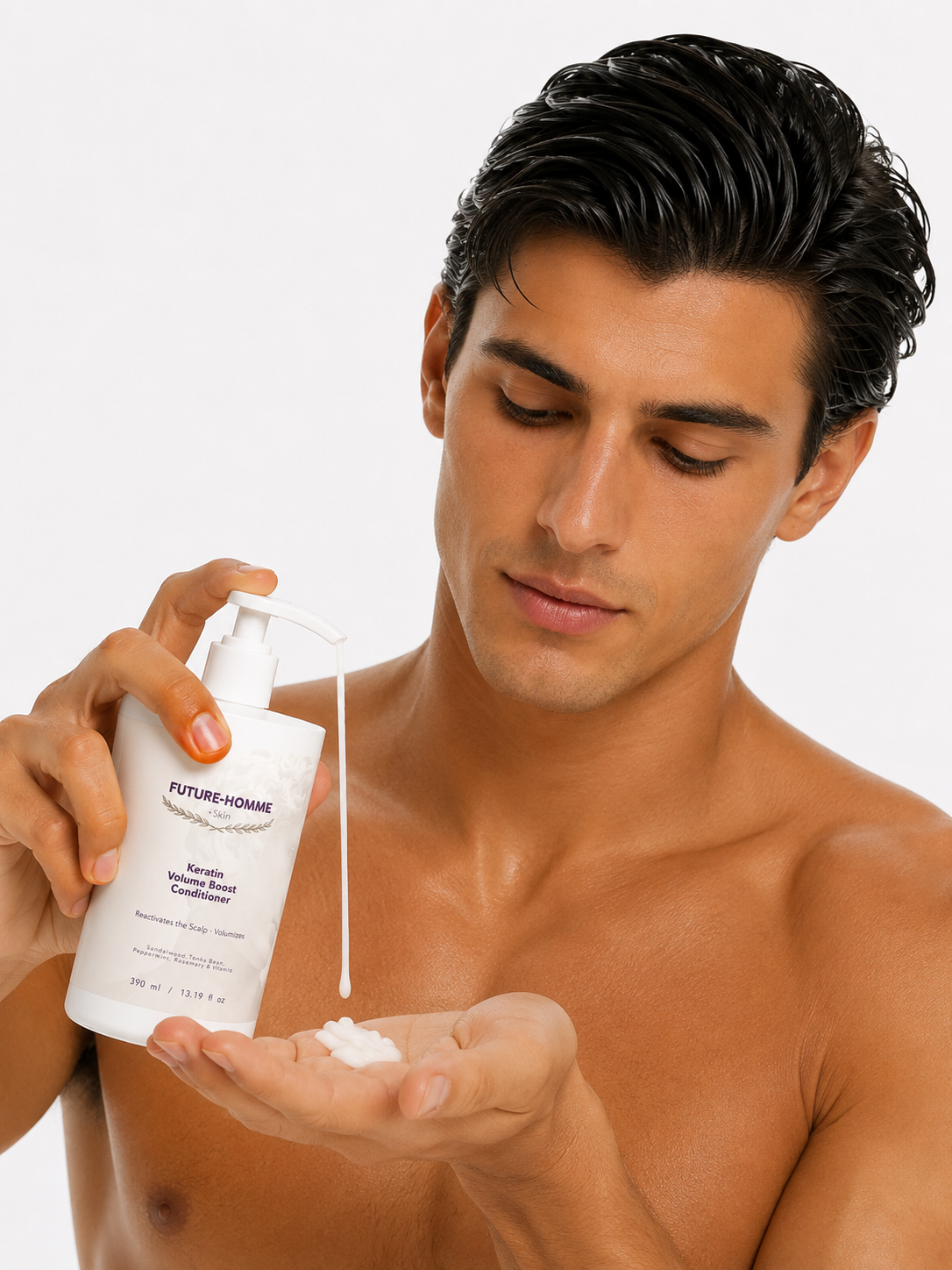 Man applying cream from a bottle labeled 'Futurc-Homme' on his palm against a white background