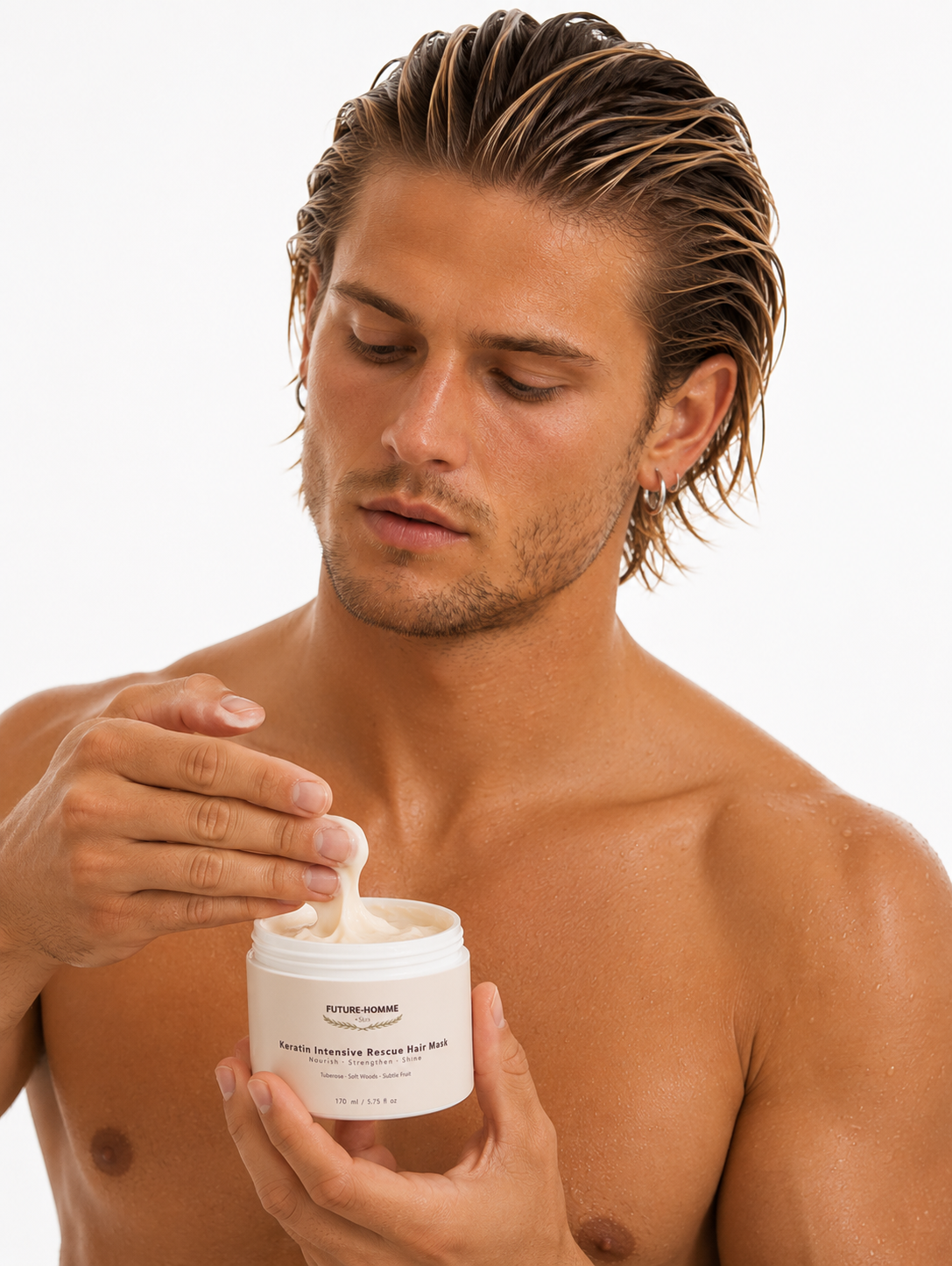 Man applying cream from a jar on a white background