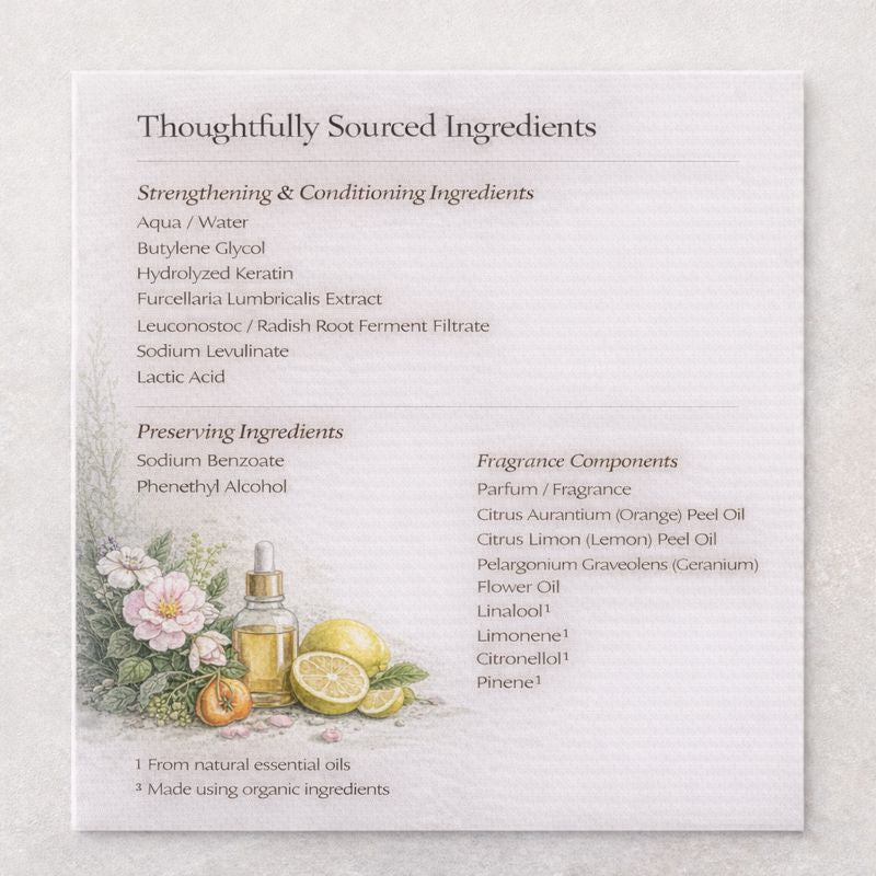 Product label with ingredients list and botanical illustrations on a textured background