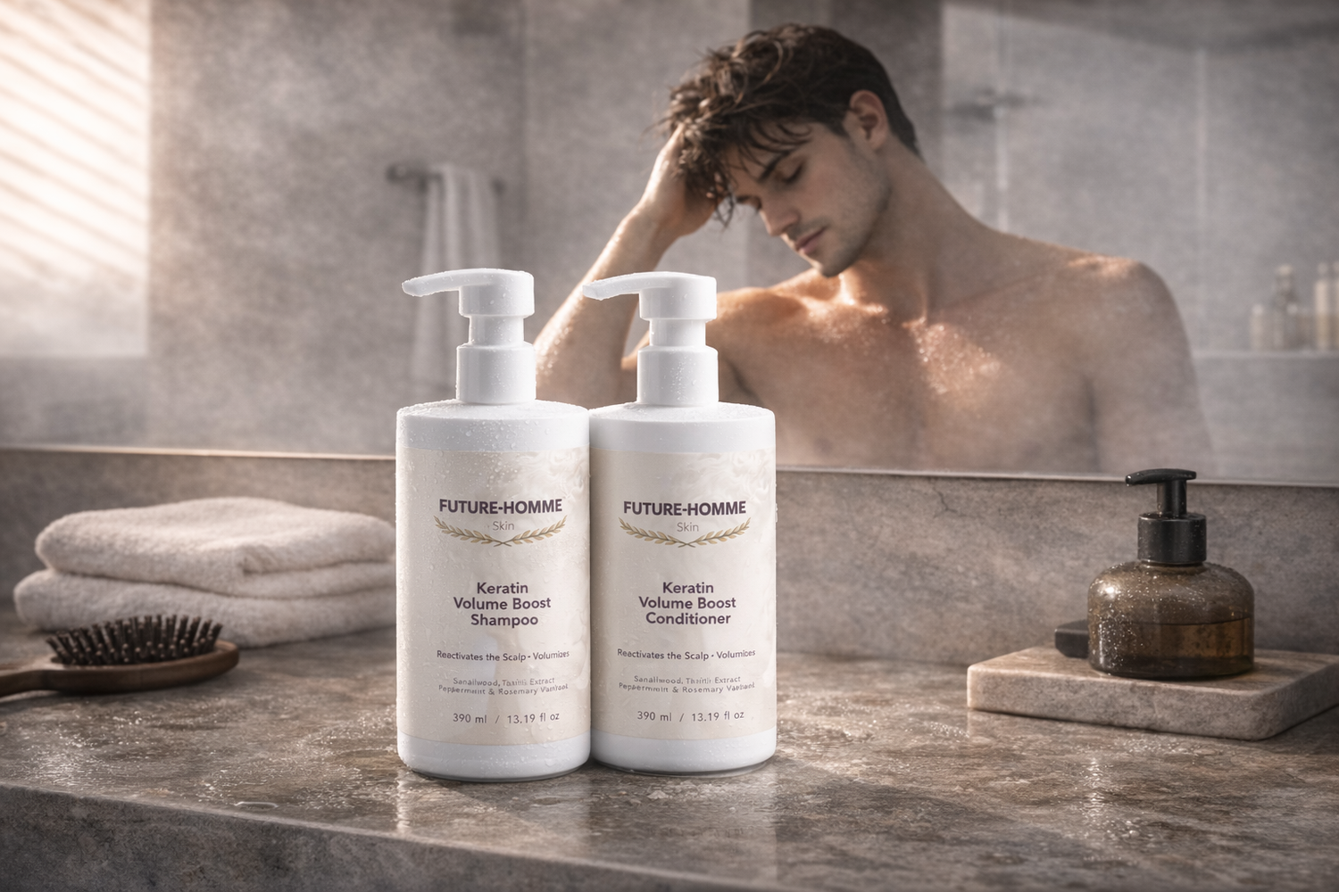 Two bottles of 'Future-Homme' hair care products on a bathroom counter with a man reflected in the mirror.