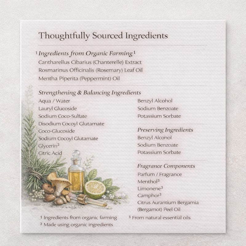 Ingredients list with botanical illustrations on a textured background