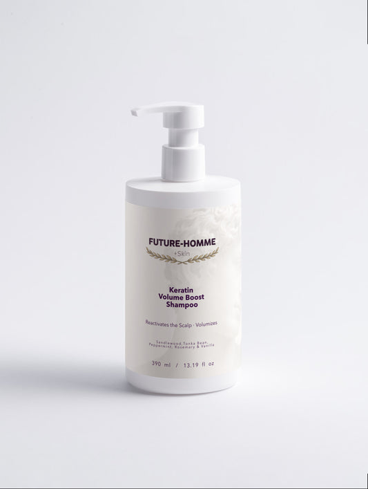 Bottle of Future-Homme Keratin Volume Boost Shampoo on a white background