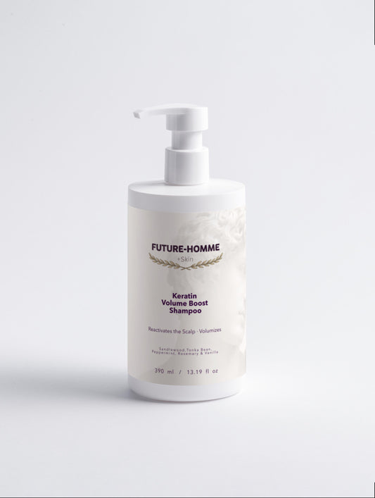 Bottle of Future-Homme Keratin Volume Boost Shampoo on a white background