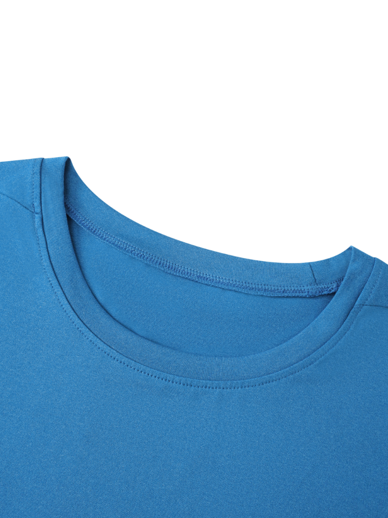 Close-up of a blue t-shirt collar on a white background