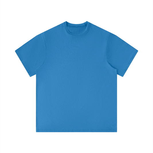 Blue t-shirt with a logo on the chest against a white background