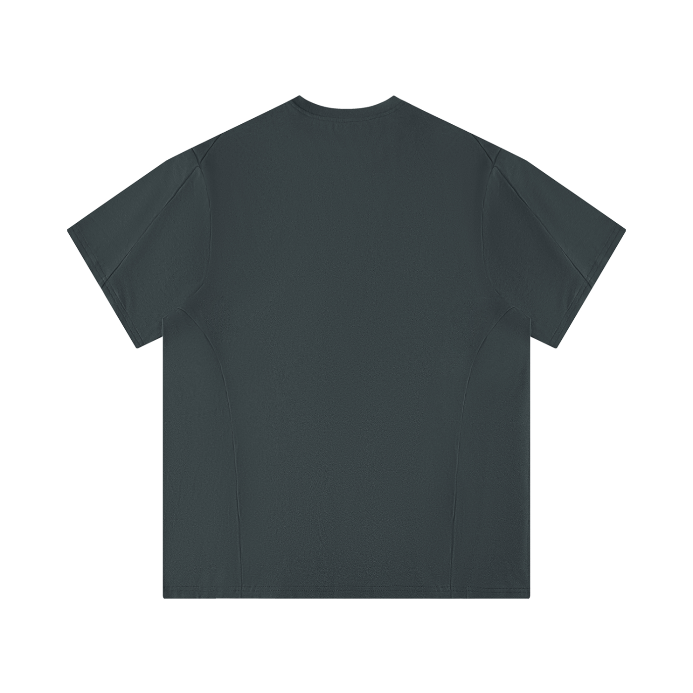 Backside of dark gray t-shirt on a white background