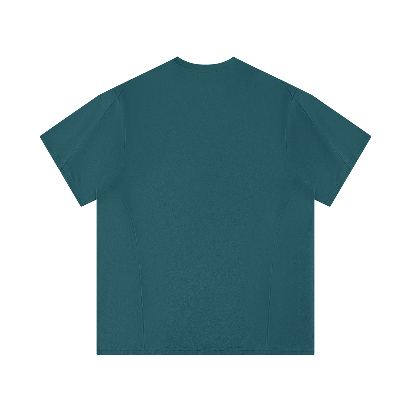 Backside of Peacock blue t-shirt on a white background